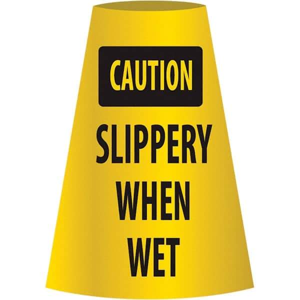 NMC - Caution - Slippery When Wet, 21-3/4" Wide x 11" High, Polyethylene Floor Sign - Cone, Black on Yellow, For Restroom, Janitorial & Housekeeping - Eagle Tool & Supply