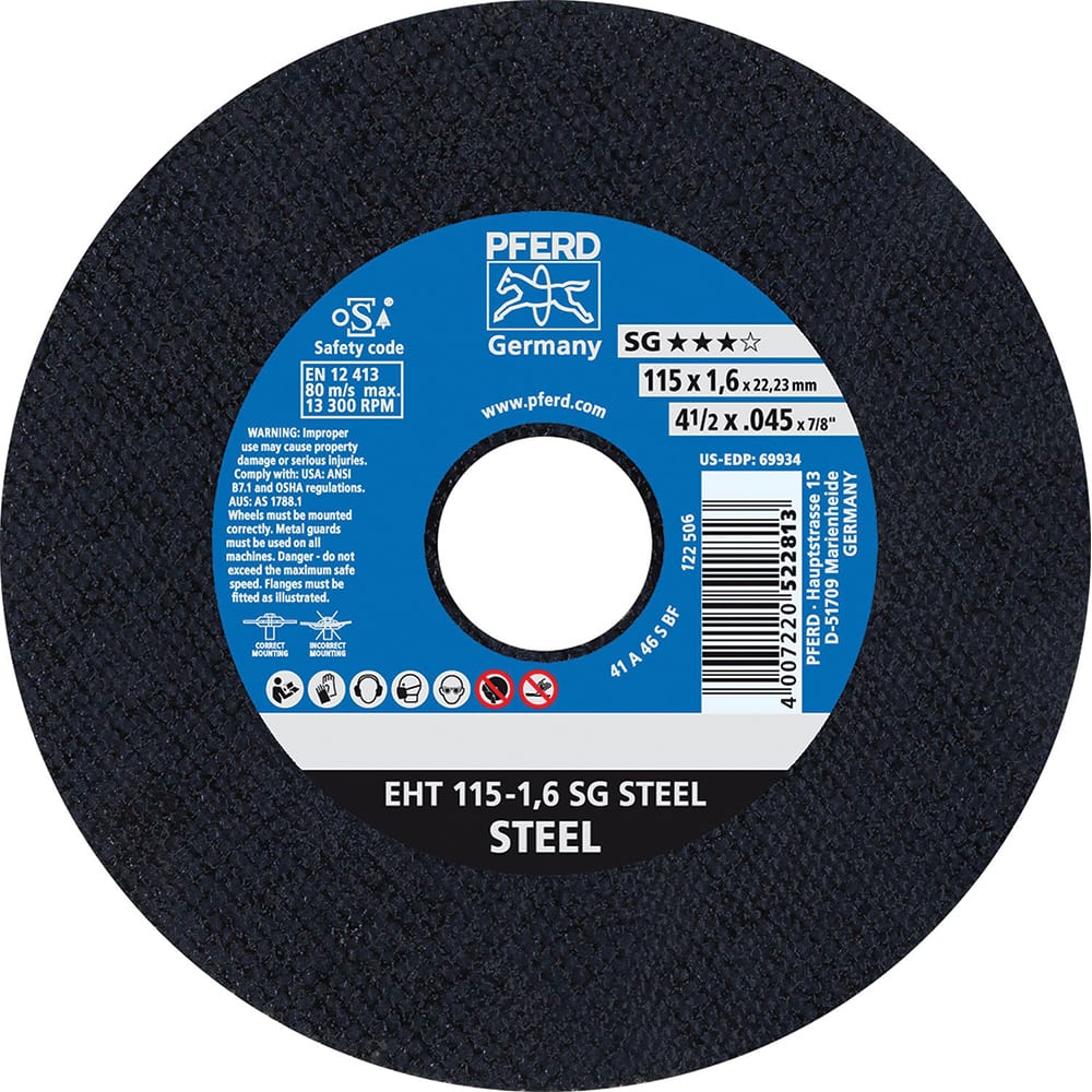 PFERD - Cutoff Wheels; Tool Compatibility: Angle Grinder ; Wheel Diameter (Inch): 4-1/2 ; Wheel Thickness (Inch): 0.0450 ; Abrasive Material: Aluminum Oxide ; Maximum RPM: 13300.000 ; Grit: 46 - Exact Industrial Supply