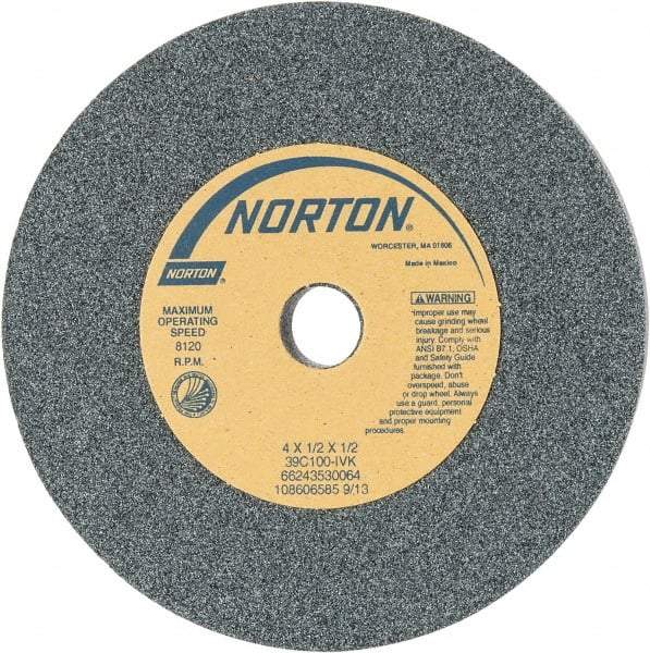 Norton - 4" Diam x 1/2" Hole x 1/2" Thick, I Hardness, 100 Grit Surface Grinding Wheel - Silicon Carbide, Type 1, Fine Grade, 8,120 Max RPM, Vitrified Bond, No Recess - Eagle Tool & Supply