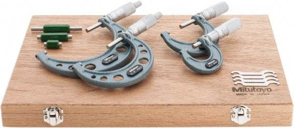 Mitutoyo - 0 to 4" Range, 4 Piece Mechanical Outside Micrometer Set - 0.0001" Graduation, 0.0001" Accuracy, Friction Thimble, Carbide Tipped Face - Eagle Tool & Supply