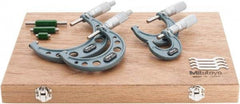 Mitutoyo - 0 to 4" Range, 4 Piece Mechanical Outside Micrometer Set - 0.0001" Graduation, 0.0001" Accuracy, Friction Thimble, Carbide Tipped Face - Eagle Tool & Supply