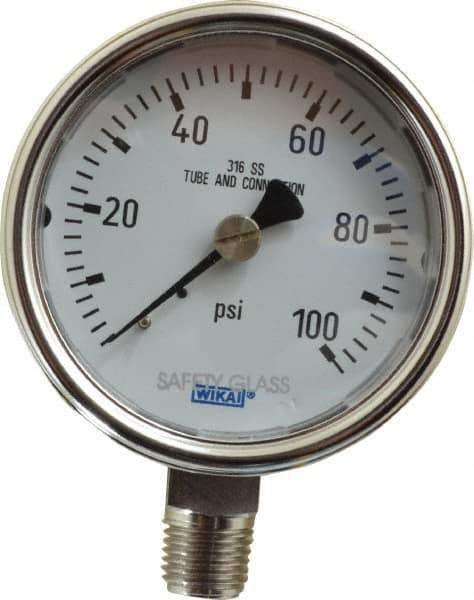 Wika - 2-1/2" Dial, 1/4 Thread, 0-100 Scale Range, Pressure Gauge - Lower Connection Mount, Accurate to 2-1-2% of Scale - Eagle Tool & Supply