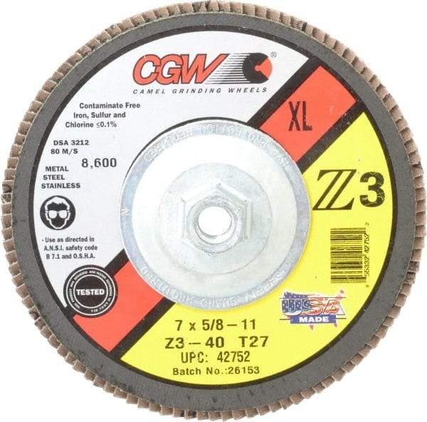 Camel Grinding Wheels - 40 Grit, 7" Disc Diam, 5/8-11 Center Hole, Type 27 Zirconia Alumina Flap Disc - 8,600 Max RPM, Poly Cotton Backing, Arbor Attaching System, Coated - Eagle Tool & Supply