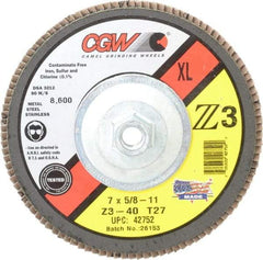 Camel Grinding Wheels - 40 Grit, 7" Disc Diam, 5/8-11 Center Hole, Type 27 Zirconia Alumina Flap Disc - 8,600 Max RPM, Poly Cotton Backing, Arbor Attaching System, Coated - Eagle Tool & Supply