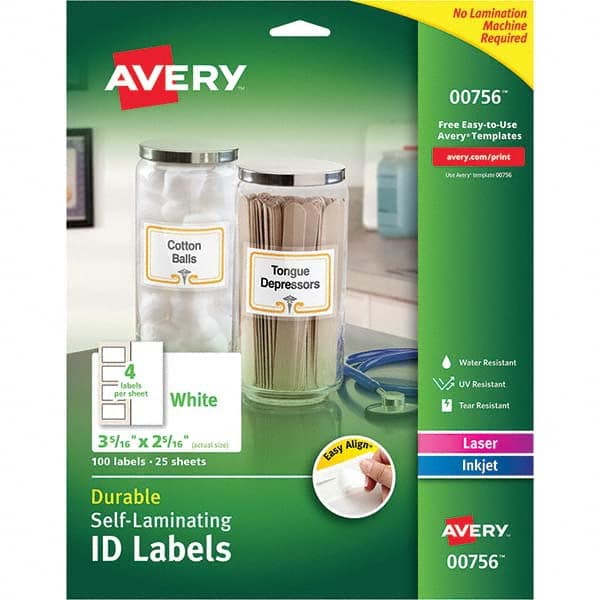 AVERY - Pack of (100), 2-5/16" x 3-5/16" White Paper Self Laminating Labels - Eagle Tool & Supply