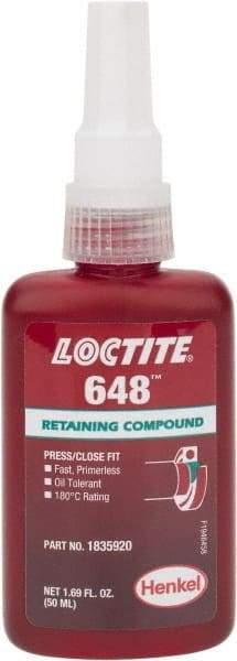 Loctite - 50 mL Bottle, Green, High Strength Liquid Retaining Compound - Series 648, 24 hr Full Cure Time, Heat Removal - Eagle Tool & Supply