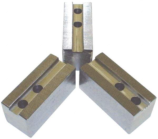 H & R Manufacturing - 24" Chuck Capacity, 3mm x 60° Serrated Attachment, Square Soft Lathe Chuck Jaw - 3 Jaws, Steel, 3.15" Btw Mount Hole Ctrs, 8-1/2" Long x 2-1/2" Wide x 2-1/2" High, 0.984" Groove, 20mm Fastener - Eagle Tool & Supply