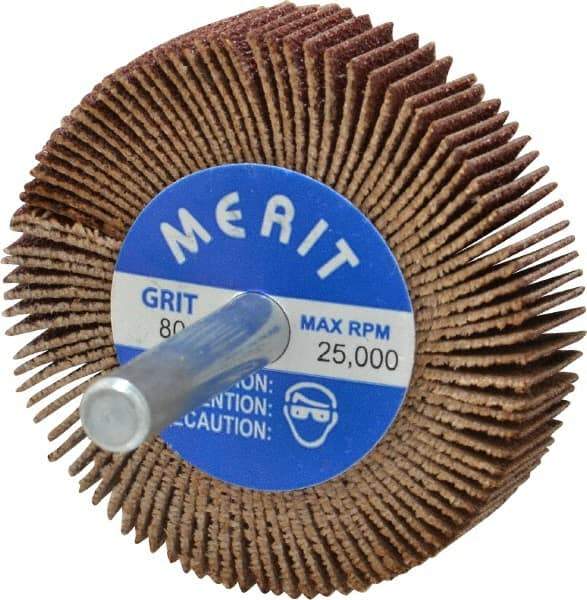 Merit Abrasives - 2" Diam x 1/2" Face Width, Medium Ceramic Alumina Coated Mounted Flap Wheel - 1/4" Shank Mount, 80 Grit, Cloth Backing, 25,000 Max RPM - Eagle Tool & Supply