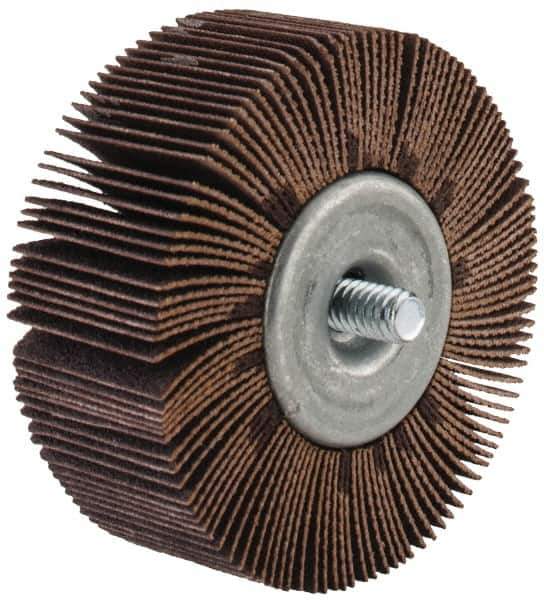 Merit Abrasives - 2-1/2" Diam x 1" Face Width, Fine Aluminum Oxide Coated Mounted Flap Wheel - 1/4-20 Threaded Mount, 120 Grit, Cloth Backing, 20,000 Max RPM - Eagle Tool & Supply