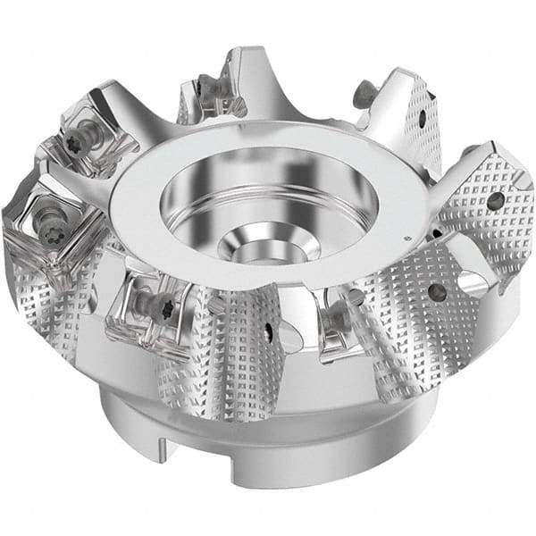 Seco - 80mm Cut Diam, 27mm Arbor Hole, 6mm Max Depth of Cut, 48° Indexable Chamfer & Angle Face Mill - 8 Inserts, SN.. Insert, Right Hand Cut, 8 Flutes, Through Coolant, Series R220.54 - Eagle Tool & Supply