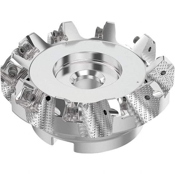 Seco - 4" Cut Diam, 1-1/2" Arbor Hole, 0.236" Max Depth of Cut, 48° Indexable Chamfer & Angle Face Mill - 10 Inserts, SN.. Insert, Right Hand Cut, 10 Flutes, Through Coolant, Series R220.54 - Eagle Tool & Supply