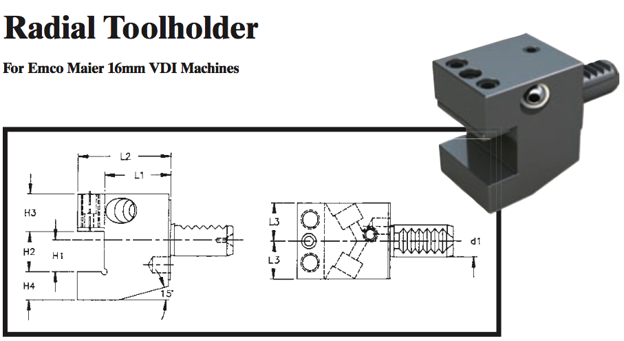 Radial Toolholder (For Emco Maier 16mm VDI Machines) - Part #: CNC86 E45.1616 - Eagle Tool & Supply