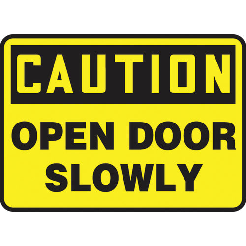 Sign, Caution Open Door Slowly, 7″ × 10″, Aluminum - Eagle Tool & Supply