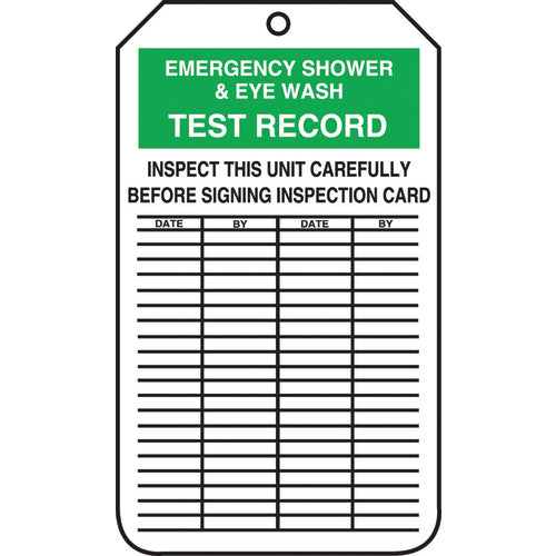 Inspection Record Tag, Emergency Shower & Eye Wash Test Record, 25/PK, Cardstock - Eagle Tool & Supply