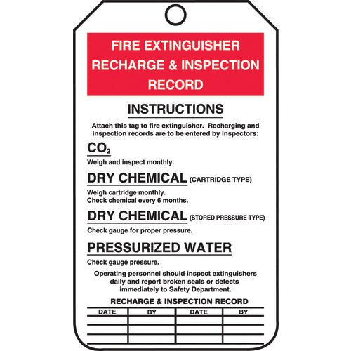 Fire Extinguisher Tag, Recharge & Inspection Record, 25/Pk, Cardstock - Eagle Tool & Supply