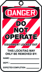 Lockout Tag, Danger Do Not Operate Equipment Locked Out, 25/Pk, Plastic - Eagle Tool & Supply