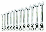 12 Piece - 12 Pt Ratcheting Flex-Head Combination Wrench Set - High Polish Chrome Finish - Metric 8mm - 19mm - Eagle Tool & Supply