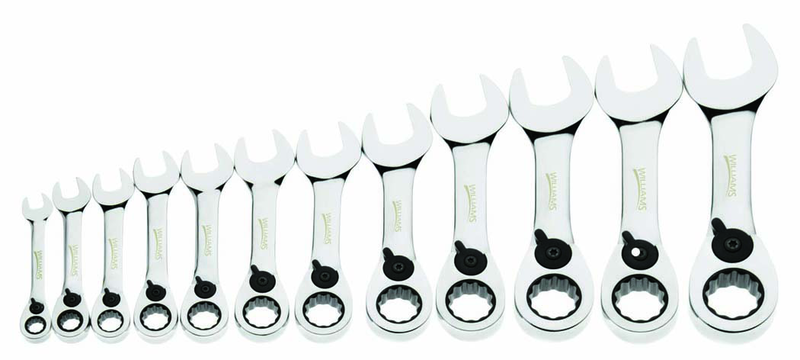 12 Piece - 12 Pt Ratcheting Stubby Combination Wrench Set - High Polish Chrome Finish - Metric; 8mm - 19mm - Eagle Tool & Supply