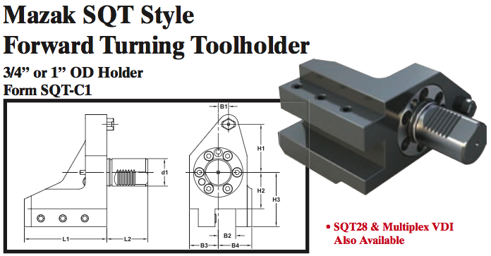 Mazak SQT Stye Forward Turning Toolholder (3/4Ó or 1Ó OD Holder Form SQT-C1) - Part #: SQT31.1020 - Eagle Tool & Supply