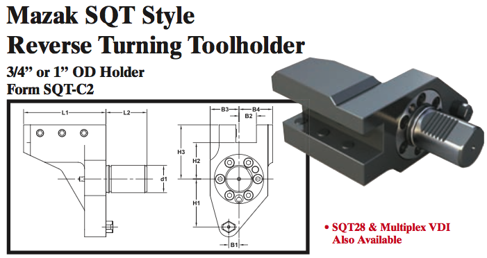 Mazak SQT Stye Reverse Turning Toolholder (3/4Ó or 1Ó OD Holder Form SQT-C2) - Part #: SQT32.2825 - Eagle Tool & Supply