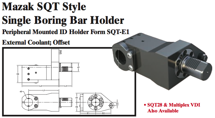 Mazak SQT Style Single Boring Bar Holder (Peripheral Mounted ID Holder Form SQT-E1 External Coolant; Offset) - Part #: SQT51.2850 - Eagle Tool & Supply