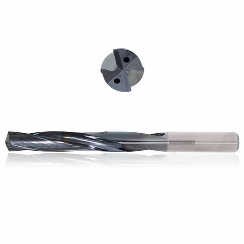 0.4844 mm Dia. × 14 mm Shank × 77 mm Flute Length × 124 mm OAL, 5xD, 135°, Sistral, 2 Flute, Coolant Thru, h6, Cylindrical, Solid Carbide Drill