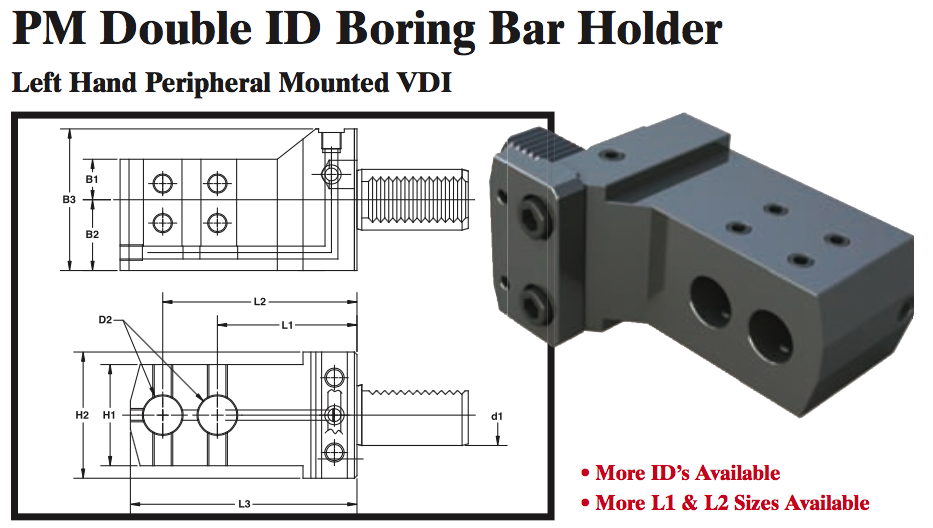 PM Double ID Boring Bar Holder (Left Hand Peripheral Mounted VDI) - Part #: PM91.4025L - Eagle Tool & Supply