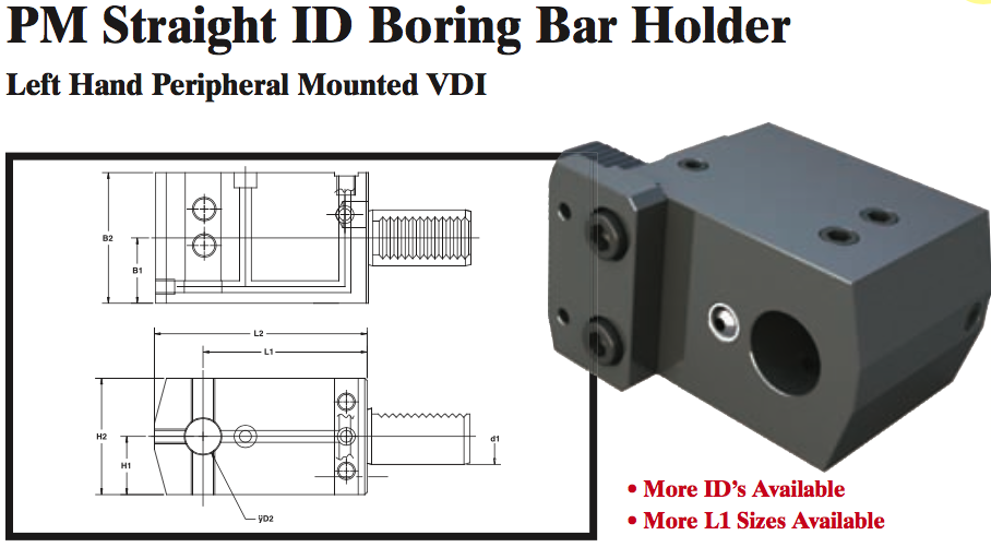 PM Straight ID Boring Bar Holder (Left Hand Peripheral Mounted VDI) - Part #: PM52.3020LL - Eagle Tool & Supply