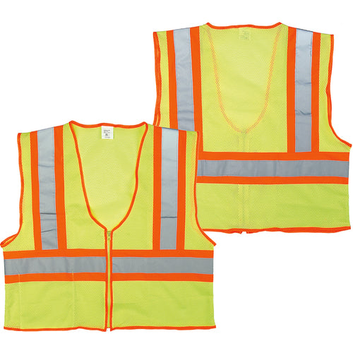 ‎Class 2 Mesh Vest; Contrasting Color Strip, Zipper Closure, Inside Pocket - 3XL - Eagle Tool & Supply