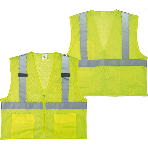 Class 2 Mesh Vest; Contrasting Color Strip, Zipper Closure, Outside Pocket - M - Eagle Tool & Supply
