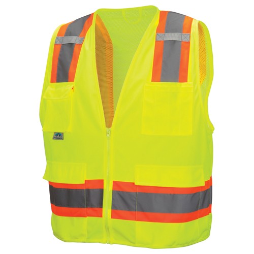 Class 2 Surveyors' Vest; Contrasting Color Strip, Zipper Closure, 8 Pockets - XL - Eagle Tool & Supply