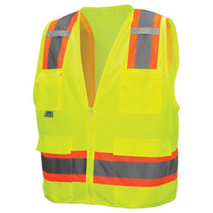 Class 2 Surveyors' Vest; Contrasting Color Strip, Zipper Closure, 8 Pockets - L - Eagle Tool & Supply