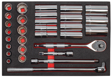 Proto® Foamed 1/2" Drive 30 Piece Socket Set w/ Precision 90 Pear Head Ratchet - Full Polish - 12 Point - Eagle Tool & Supply