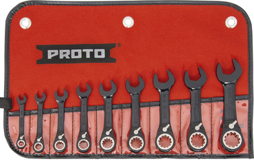 Proto® 9 Piece Black Chrome Combination Stubby Reversible Ratcheting Wrench Set - Spline - Eagle Tool & Supply