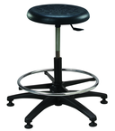 Round Black Polyurethane Stool - Standard Glides, 14" Seat Dia, 18" Adj Footring, Pneumatic Hgt Adj. Black, Plastic ABS Five Star Base, Bench Hgt 22.5" - 32.5" - Eagle Tool & Supply