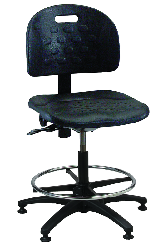 Black Polyurethane Task Stool - Adj. Contoured Backrest, Waterfall Seat, Seat and Back Tilt,  Glides Standard, Pneu Hgt. Adj., 20" Adj. Footring, Black Plastic ABS Base, Bench Hgt 23.5"-33.5" - Eagle Tool & Supply