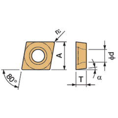 CCMT 3251 GK CA6525, 1/64″ Corner Radius, 5/32″ Thick, 3/8″ Inscribed Circle, TiCnulll2O3/TiN, Diamond, Turning Indexable Insert - Exact Industrial Supply