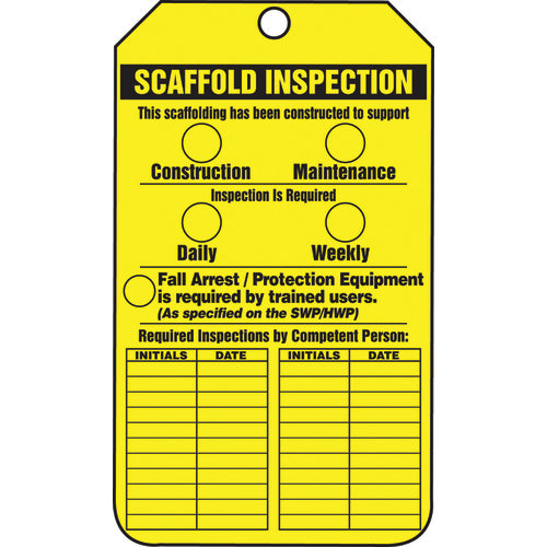 Scaffold Tag, Scaffold Inspection (Checklist)/Key Responsibility, 25/Pk, Cardstock - Eagle Tool & Supply