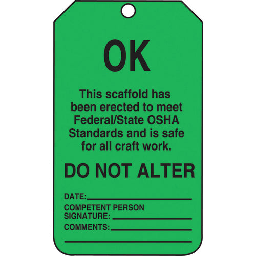 Scaffold Tag, OK This Scaffold Has Been Erected To Meet Federal, 25/Pk, Cardstock - Eagle Tool & Supply