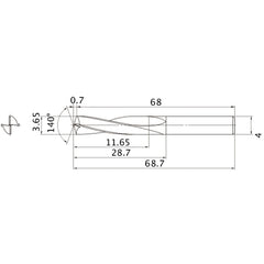 MAE0365MB HTI10 3.65 mm Dia. × 4 mm Shank × 28.7 mm Flute Length × 68.7 mm OAL, 140°, 2 Flute, External Coolant, Solid Carbide Drill
