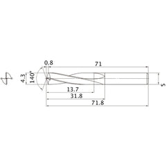 MAE0430MB HTI10 4.3 mm Dia. × 5 mm Shank × 31.8 mm Flute Length × 71.8 mm OAL, 140°, 2 Flute, External Coolant, Solid Carbide Drill