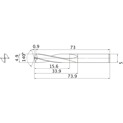 MAE0490MB HTI10 4.9 mm Dia. × 5 mm Shank × 33.9 mm Flute Length × 73.9 mm OAL, 140°, 2 Flute, External Coolant, Solid Carbide Drill