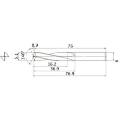 MAE0510MB HTI10 5.1 mm Dia. × 6 mm Shank × 36.9 mm Flute Length × 76.9 mm OAL, 140°, 2 Flute, External Coolant, Solid Carbide Drill