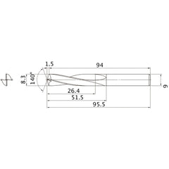 MAE0830MB HTI10 8.3 mm Dia. × 9 mm Shank × 51.5 mm Flute Length × 95.5 mm OAL, 140°, 2 Flute, External Coolant, Solid Carbide Drill