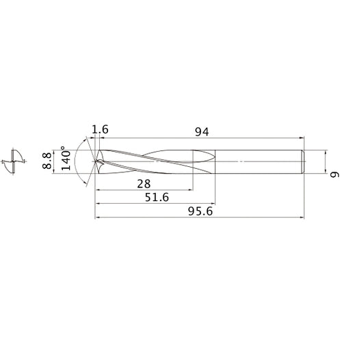 MAE0880MB HTI10 8.8 mm Dia. × 9 mm Shank × 51.6 mm Flute Length × 95.6 mm OAL, 140°, 2 Flute, External Coolant, Solid Carbide Drill