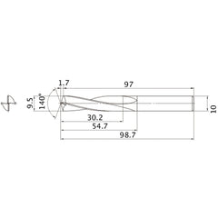 MAE0950MB HTI10 9.5 mm Dia. × 10 mm Shank × 54.7 mm Flute Length × 98.7 mm OAL, 140°, 2 Flute, External Coolant, Solid Carbide Drill