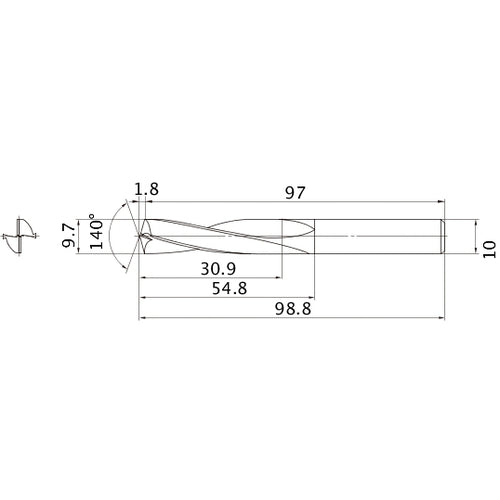 MAE0970MB HTI10 9.7 mm Dia. × 10 mm Shank × 54.8 mm Flute Length × 98.8 mm OAL, 140°, 2 Flute, External Coolant, Solid Carbide Drill