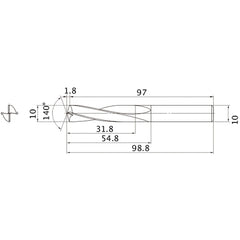 MAE1000MB HTI10 10 mm Dia. × 10 mm Shank × 54.8 mm Flute Length × 98.8 mm OAL, 140°, 2 Flute, External Coolant, Solid Carbide Drill