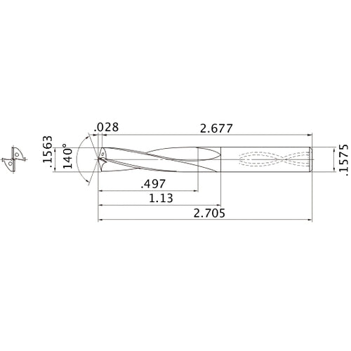 MAS01563MB HTi10 0.1563″ Dia. × 0.1575″ Shank × 1.13″ Flute Length × 2.705″ OAL, 140°, 2 Flute, Coolant Thru, Solid Carbide Drill