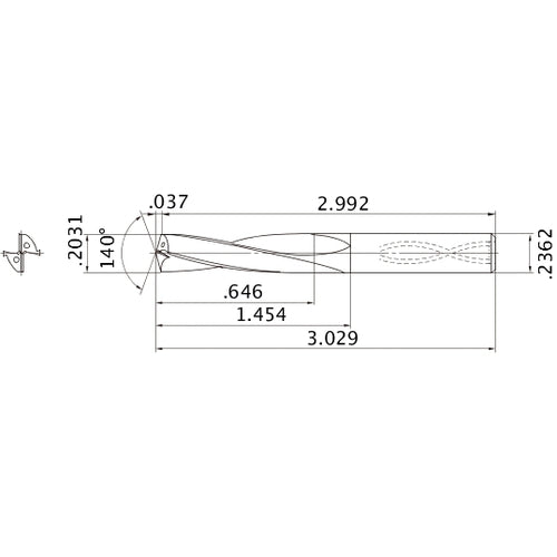 MAS02031MB HTi10 0.2031″ Dia. × 0.2362″ Shank × 1.454″ Flute Length × 3.029″ OAL, 140°, 2 Flute, Coolant Thru, Solid Carbide Drill
